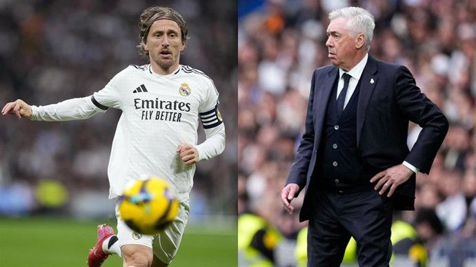 El jugador del Real Madrid Luka Modric y el entrenador del conjunto madridista, Carlo Ancelotti.
