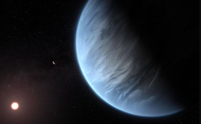Esta impressão artística mostra a aparência do planeta distante K2-18b, sua estrela hospedeira e um planeta companheiro nesse sistema.