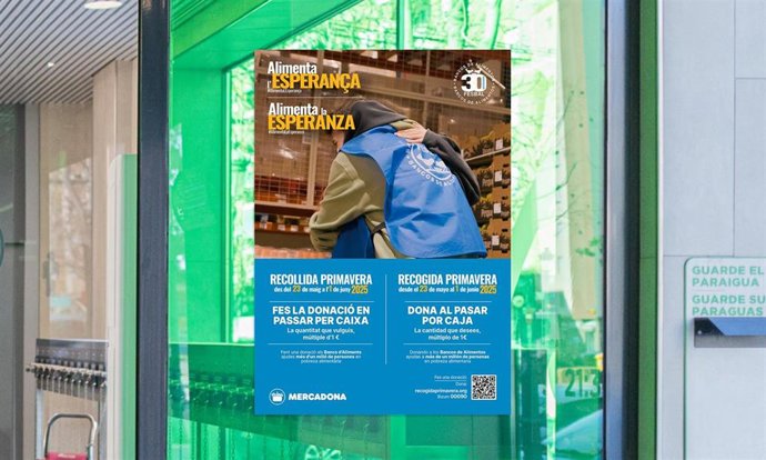 Cartel de la Recogida Primavera 2025 organizada por FESBAL en una tienda de Mercadona