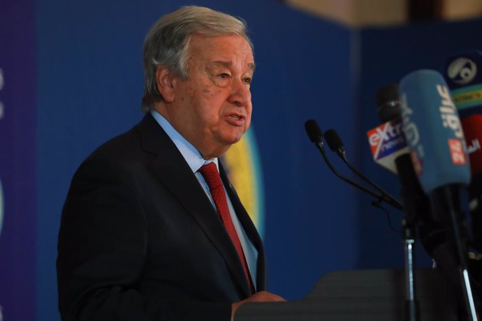 17 May 2025, Iraq, Baghdad: United Nations Secretary-General Antonio Guterres speaks during a press conference at the end of the 34th Arab League summit in Baghdad. Photo: Ameer Al Mohammedaw/dpa