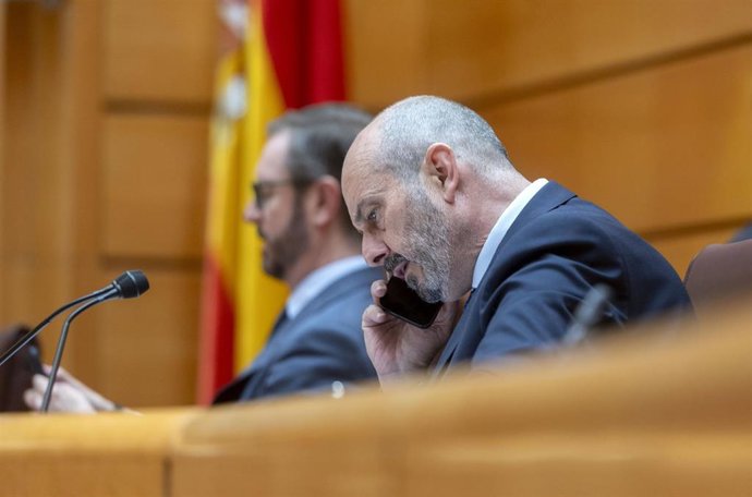 Archivo - El presidente del Senado, Pedro Rollán, durante una sesión de control en el Senado, a 8 de abril de 2025, en Madrid (España). 