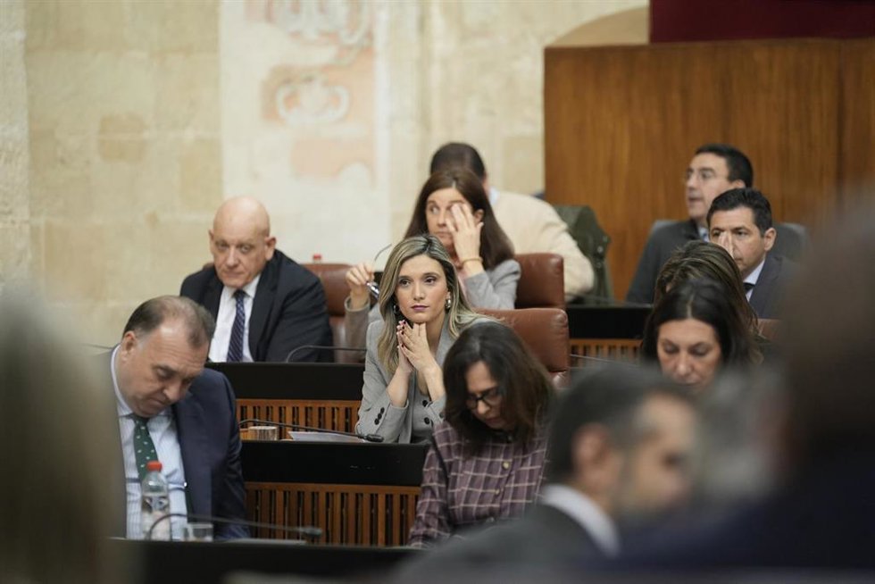 Archivo - La portavoz parlamentaria del PSOE-A, María Márquez (c), interviene durante la sesión de control en el pleno del Parlamento andaluz. A 20 de marzo de 2025, en Sevilla (Andalucía, España). (Foto de archivo).