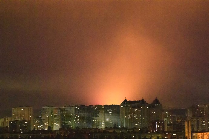 May 24, 2025, Kyiv, Ukraine: The Left Bank of the Dnieper River in the capital of Ukraine, Kyiv, is on fire after explosions from a Russian drone attack.