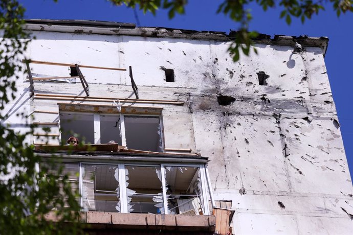 RUSSIA, MOSCOW - MAY 6, 2025: An apartment building on Kashirskoye Highway, southern Moscow, suffers damage from a drone strike