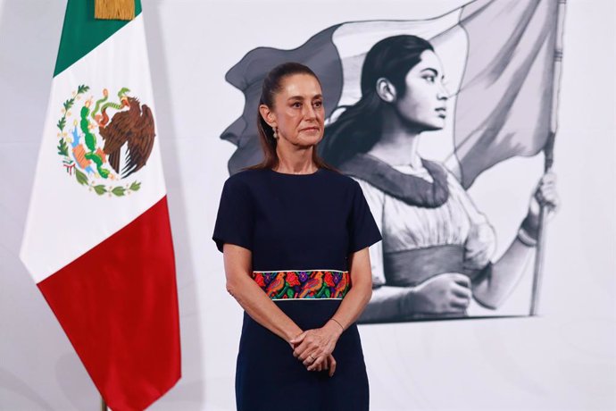 May 23, 2025, Mexico City, Cdmx, Mexico: Mexico's President Claudia Sheinbaum Pardo, speaks during a news conference about the 3.5% tax on remittances by the US government at National Palace. on May 23, 2025 in Mexico City, Mexico.