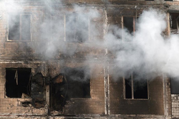 May 7, 2025, Kyiv, Ukraine: Impact of the downed Russian drone fall onto a residential mid-rise building, Kyiv, Ukraine, on May 7, 2025
