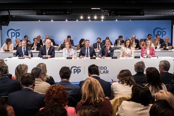 O presidente do Partido Popular, Alberto Núñez Feijóo, preside a reunião do Conselho Nacional de Diretores do Partido Popular (PP) na sede na Calle Génova, em 19 de maio de 2025, em Madri (Espanha).