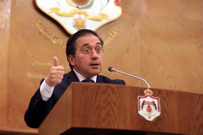 Archivo - AMMAN, March 13, 2024  -- Spanish Foreign Minister Jose Manuel Albares addresses a press conference with Jordanian Foreign Minister Ayman Safadi (not in the picture) in Amman, Jordan, on March 13, 2024. Jordanian and Spanish foreign ministers on