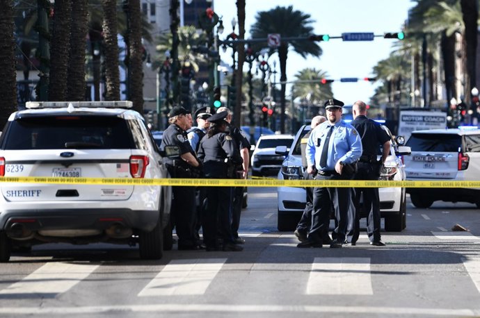 January 1, 2025, New Orleans, Louisiana, USA: Police officials investigate the scene after a driver rammed a pickup truck into a crowd at the French Quarter early on New Year's Day before being shot to death by police.