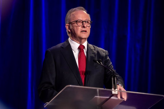 SYDNEY, May 3, 2025  -- Australian Prime Minister Anthony Albanese addresses supporters after winning Australia's federal election in Sydney, Australia, May 3, 2025. Prime Minister Anthony Albanese's center-left Labor Party has won a second term in power 