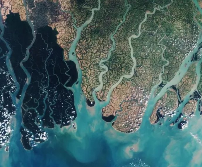 Imagem de satélite Sentinel-2A dos Sundarbans em Bangladesh.