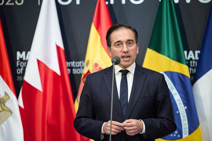 El ministro de Asuntos Exteriores, Unión Europea y Cooperación, José Manuel Albares, durante la Reunión ministerial de Madrid+ por la implementación de la solución de los dos Estados, en el Ministerio de Asuntos Exteriores, Unión Europea y Cooperación, a 