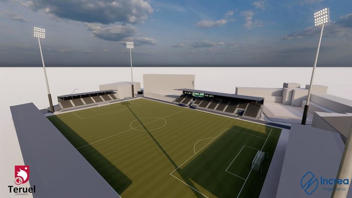 Recreación del anteproyecto de la reforma del campo de fútbol de Pinilla, en Teruel