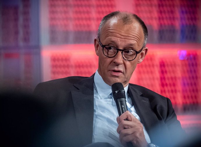 26 May 2025, Berlin: German Chancellor Friedrich Merz takes part in an on-stage discussion at the International WDR Europaforum as part of the Re:publica media conference. Photo: Michael Kappeler/dpa