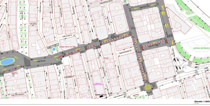 Mapa de zona afectada por la prueba de cambios de tráfico en la calle Munuza y vías aledañas, en Gijón.