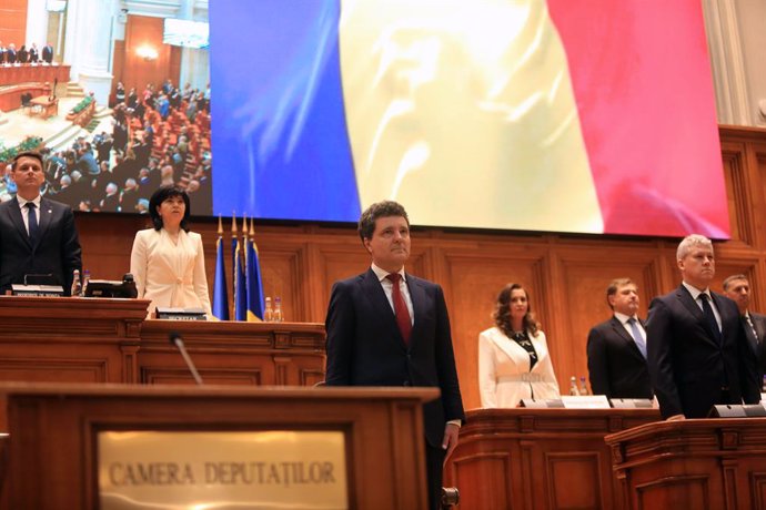 BUCHAREST, May 26, 2025  -- Nicusor Dan participates in his swearing-in ceremony held at the Parliament building in Bucharest, Romania, May 26, 2025. Dan assumed office as president of Romania on Monday, following a swearing-in ceremony in the country's P