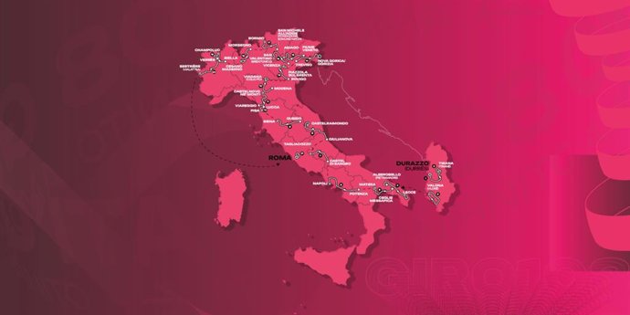 Mapa del recorrido del Giro de Italia 2025, con inicio en Albania y final en Roma