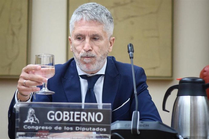 El ministro del Interior, Fernando Grande-Marlaska, durante su comparecencia en la Comisión Mixta de Seguridad Nacional, en el Congreso de los Diputados, a 26 de mayo de 2025, Madrid (España). 