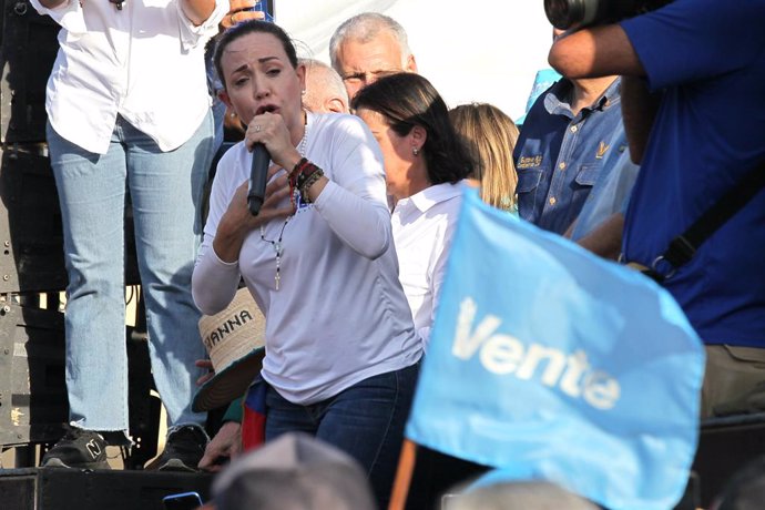 Archivo - August 11, 2023, Marcaibo, Venezuela: Maria Corina Machado, the flagship of the  party  Vente Venezuela, addresses her supportters during a rally to aspire to be the candidate of the opppssition, that seeks to evic Socalist President Nicolas Mad