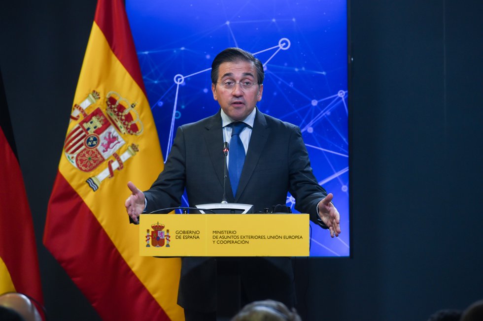 El ministro de Asuntos Exteriores, Unión Europea y Cooperación, José Manuel Albares, durante una rueda de prensa tras una reunión con el ministro Federal de Relaciones Exteriores de Alemania, en el Palacio de Viana, a 26 de mayo de 2025, en Madrid 