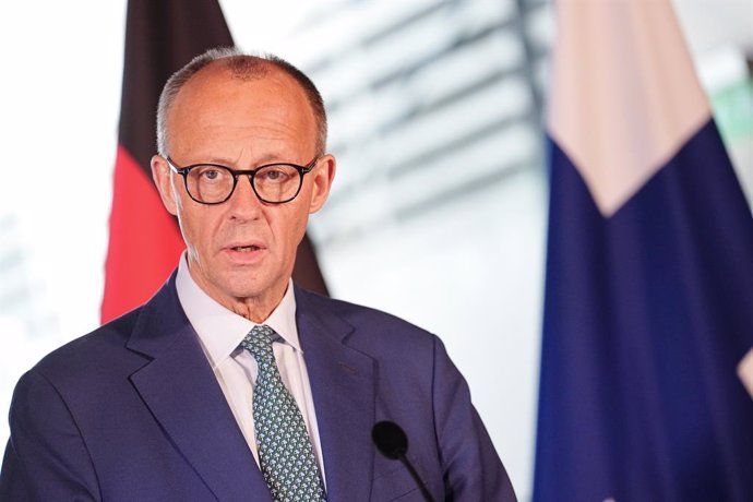 27 May 2025, Finland, Turku: German Chancellor Friedrich Merz gives a press conference after a joint meeting with the Finnish Prime Minister. Photo: Kay Nietfeld/dpa
