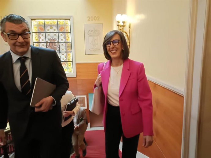 La presidenta de la Autoridad Portuaria de Gijón, Nieves Roqueñí, a su llegada a la reunión con la alcaldesa gijonesa, Carmen Moriyón, en el Ayuntamiento, acompañada del director general del puerto, José Luis Barettino.