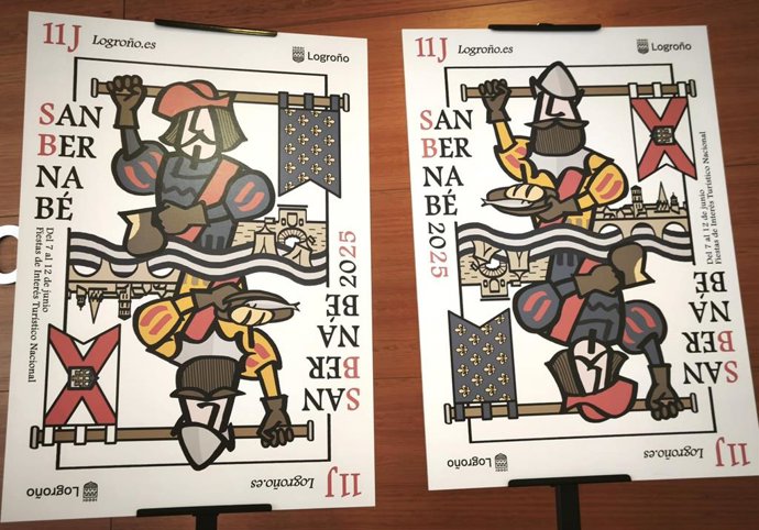 Un naipe, con soldados logroñés y francés, unidos por el pan, el pez, el vino y el Ebro, cartel de San Bernabé 2025