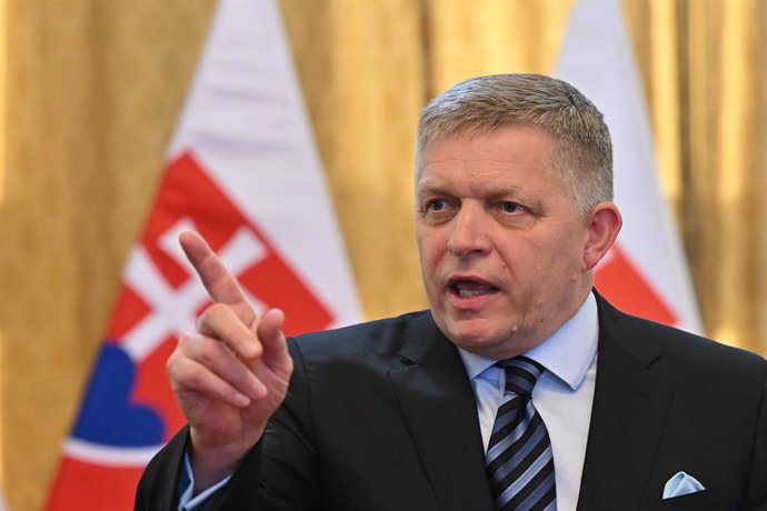 28 April 2025, Slovakia, Bratislava: Slovak Prime Minister Robert Fico speaks during a joint press conference with Hungarian Prime Minister Viktor Orban during his visit to Slovakia. Photo: ·álek Václav/CTK/dpa