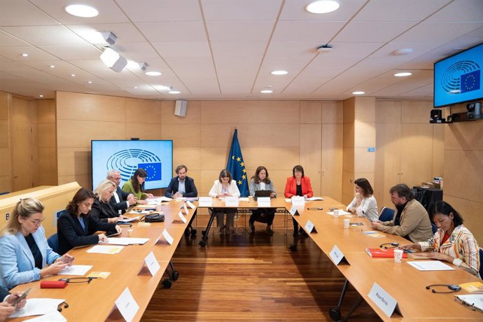 Los eurodiputados de la comisión de vivienda durante una reunión con los representantes de UGT, Sindicat de Llogateres y Federació d'Associacions Veïnals de Barcelona, en la Oficina del Parlament Europeu, a 27 de mayo de 2025, en Barcelona, Cataluña (Espa