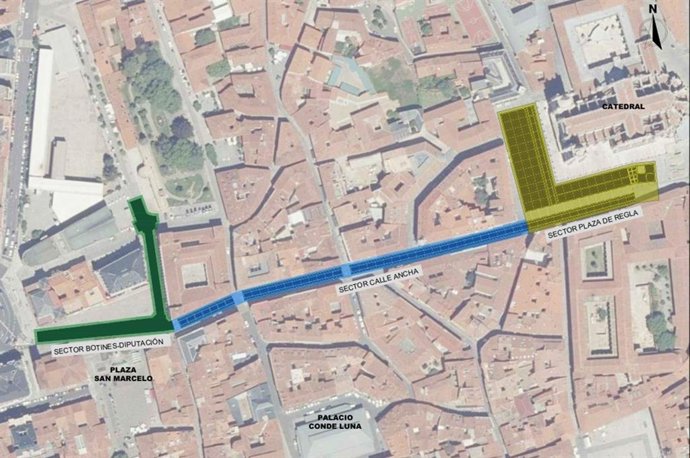 Plano con el trazado afectado por las obras en el centro histórico de León. JCyL.