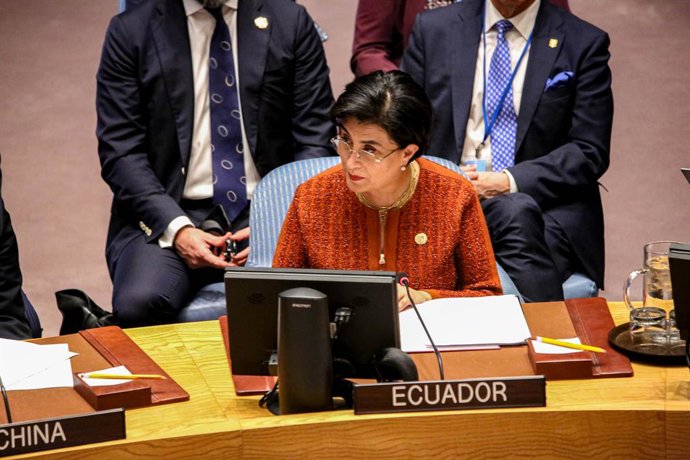 Archivo - 19 de dezembro de 2024, Nova York, Nova York, EUA: MARIA GABRIELA SOMMERFELD ROSERO, Ministra das Relações Exteriores da República do Equador, participa de uma reunião no Conselho de Segurança sobre Inteligência Artificial em uma visita oficial 