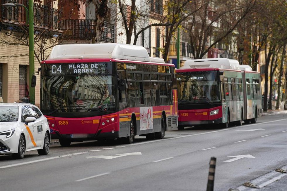 Archivo - Autobús de Tussam circulando por el centro de la ciudad. 