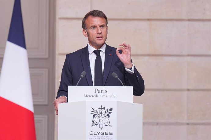 FILED - 07 May 2025, France, Paris: French President Emmanuel Macron holds a press conference. Photo: Michael Kappeler/dpa