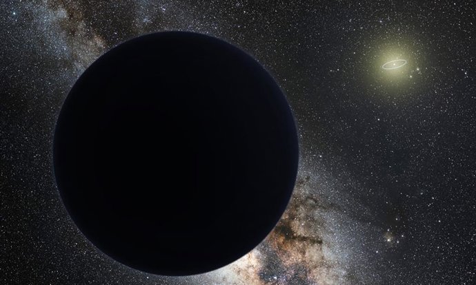 Impresión artística del planeta Nueve (un supuesto planeta de “órbita amplia”) con el Sol a la distancia; la órbita de Neptuno se muestra como una pequeña elipse alrededor del Sol.