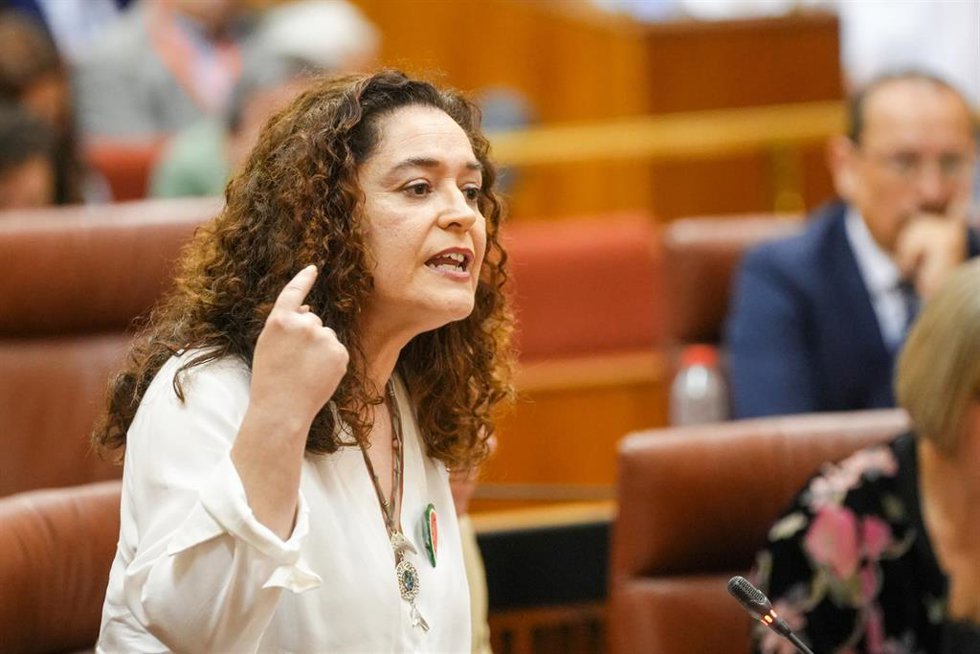 La portavoz del Grupo Por Andalucía, Inma Nieto, en una imagen de archivo en el Pleno del Parlamento en sus preguntas al presidente de la Junta, Juanma Moreno.