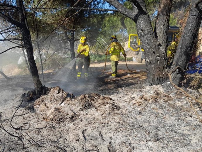 Bombeiros do Infoca no incêndio florestal declarado na tarde de terça-feira na área de Cruz del Arpa, em Moguer (Huelva).
