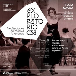 Cartel de la próxima sesión del ciclo 'Exploratorio' en el C3A, titulada 'Entre cine y música. Variaciones sobre La fiesta española'.