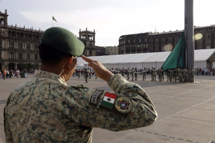A military of the Mexican Army during the lowering ceremony of the Mexican flag at main square Zocalo. on May 6, 2025 in Mexico City, Mexico.