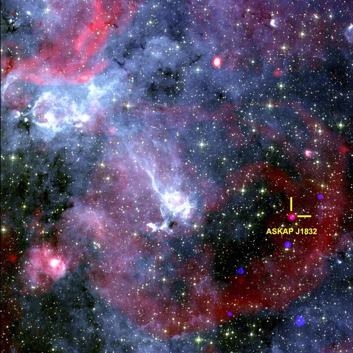 Imagen del cielo que muestra la región alrededor de ASKAP J1832-0911. Rayos X del Observatorio de Rayos X Chandra de la NASA, datos de radio del radiotelescopio sudafricano MeerKAT y datos infrarrojos del Telescopio Espacial Spitzer de la NASA