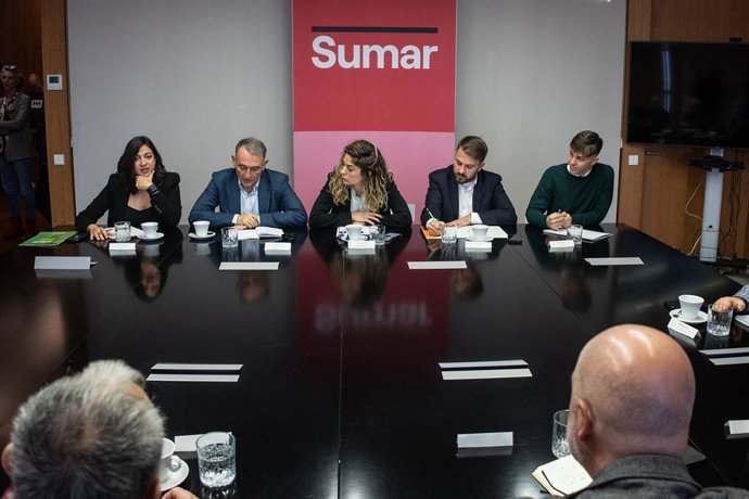 Archivo - (I-D) O co-porta-voz dos Verdes Equo, Mar González, o porta-voz parlamentar da IU e deputado de Sumar, Enrique Santiago, a secretária de Organização de Sumar, Lara Hernández, o deputado de Compromís-Sumar no Congresso, Alberto Ibáñez, e o