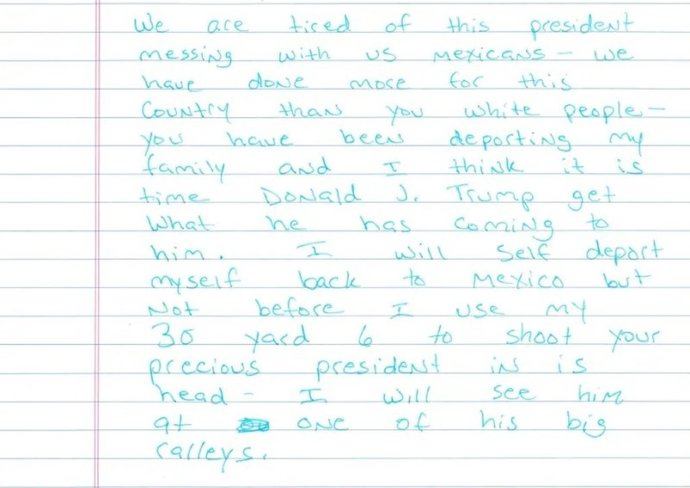 La carta que amenaza con asesinar al presidente de Estados Unidos, Donald Trump, y que Ramón Morales Reyes habría enviado a un agente del ICE, según Seguridad Nacional
