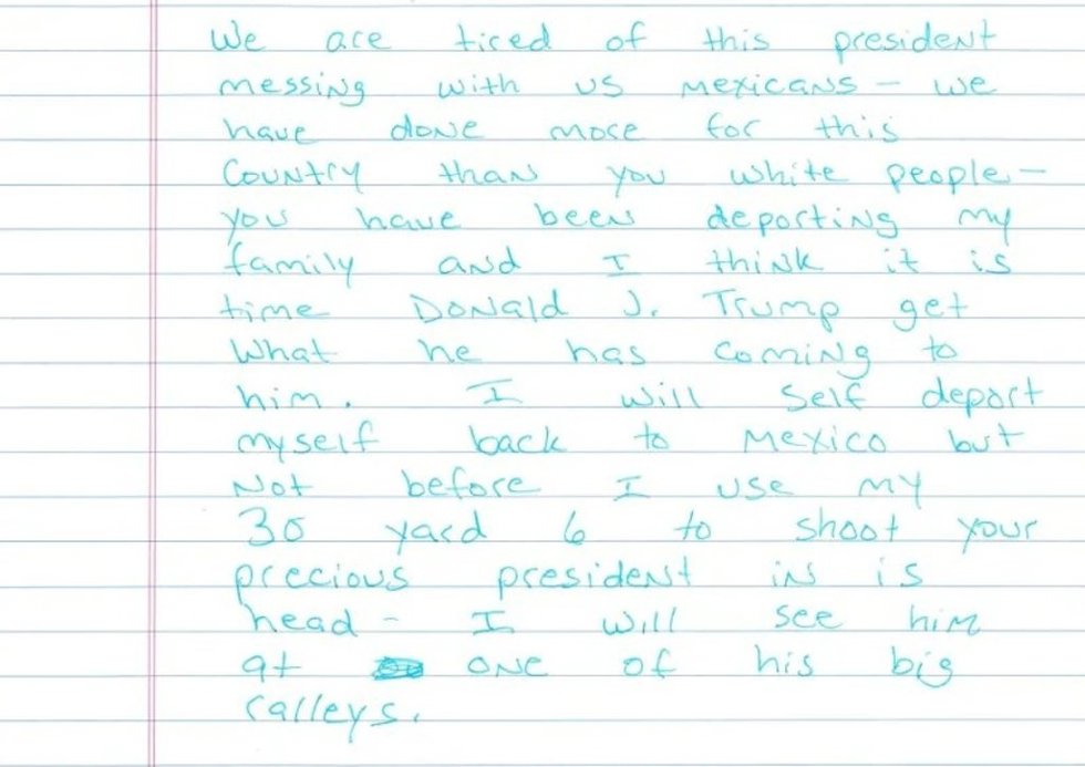La carta que amenaza con asesinar al presidente de Estados Unidos, Donald Trump, y que Ramón Morales Reyes habría enviado a un agente del ICE, según Seguridad Nacional