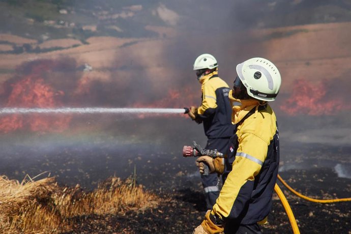 Archivo - Imagen de archo de varios bomberos realizando labores de extinción de un incendio forestal.