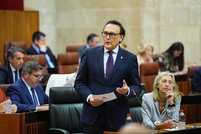 El consejero de Universidad, Investigación e Innovación, José Carlos Gómez Villamandos, en el Pleno del Parlamento de Andalucía