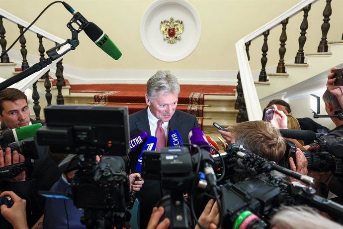 RUSSIA, MOSCOW - MAY 27, 2025: Russian Presidential Spokesman Dmitry Peskov talks to journalists after a meeting of the Supervisory Board of the Russia - Land of Opportunity organisation at Moscow's Kremlin