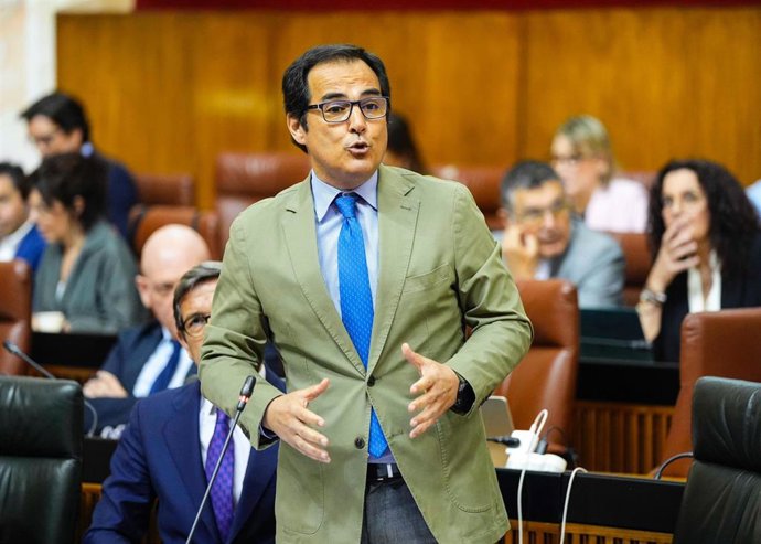 El consejero de Justicia, Administración Local y Función Pública, José Antonio Nieto, durante su intervención en la sesión de control en el Pleno del Parlamento.