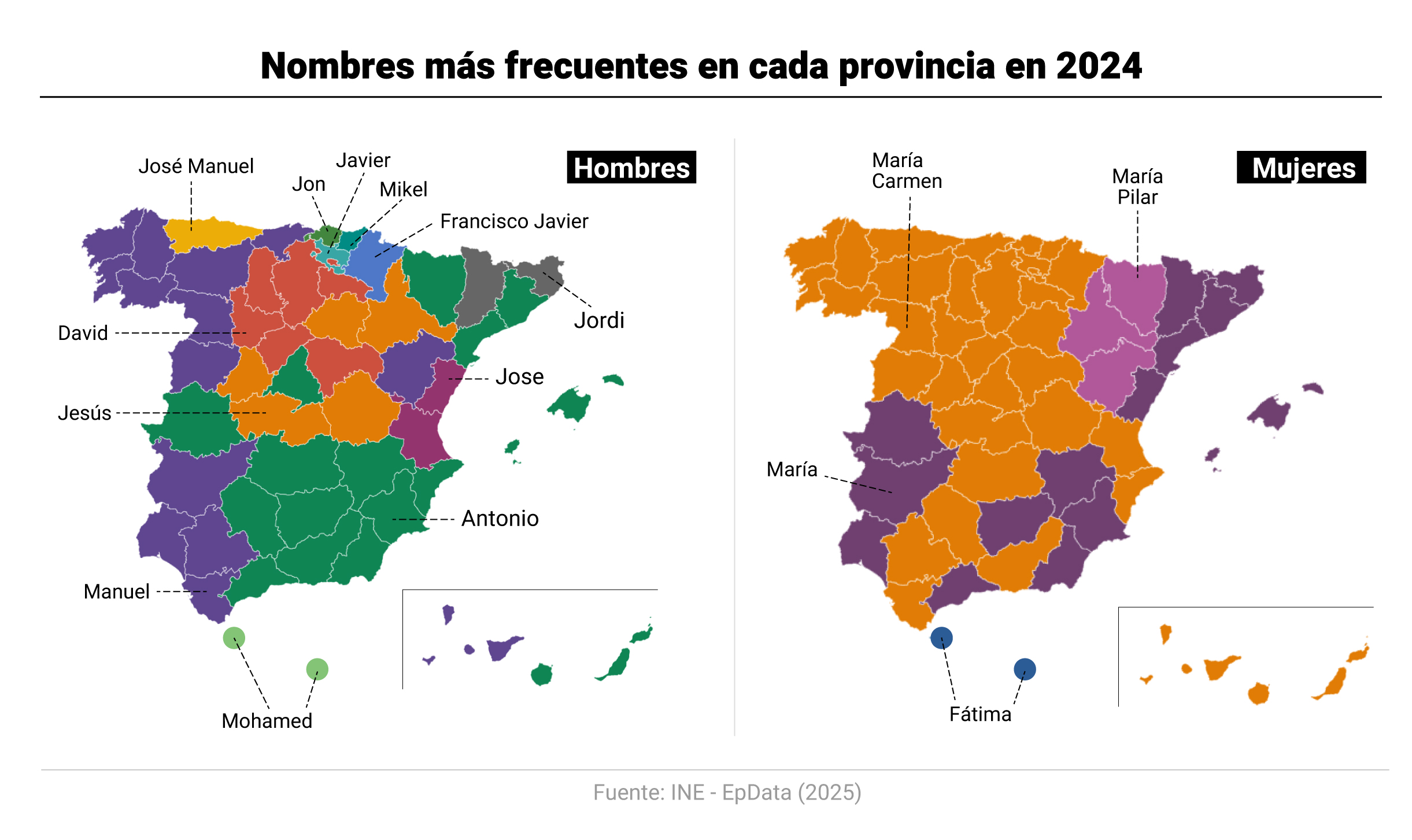 Mapa con los nombres más frecuentes en cada provincia en 2024