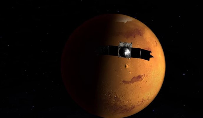 Ilustración artística del orbitador MAVEN de la NASA en Marte