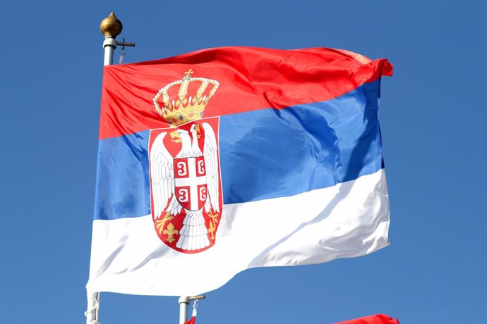 Archivo - June 9, 2024, Saint Petersburg, Russia: The flag of the Republic of Serbia seen in the gallery of flags of the participating countries in the framework of St. Petersburg International Economic Forum 2024