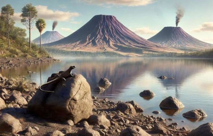 Uma reconstrução ambiental da área de East Kirkton, há cerca de 346 milhões de anos, mostra Westlothiana lizziae descansando em uma rocha.